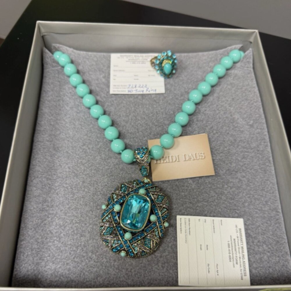 Lot Heidi Daus Teal Blue Crystal Enamel Enhancer Pendant Beaded Necklace & Ring
